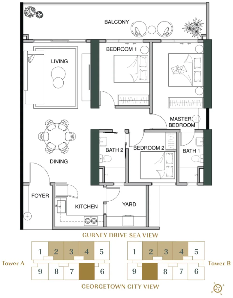 Lumina Residence Type B floor plan with the developer's key plan — 1,346 sq ft, three bedrooms and two bathrooms, George Town, Penang