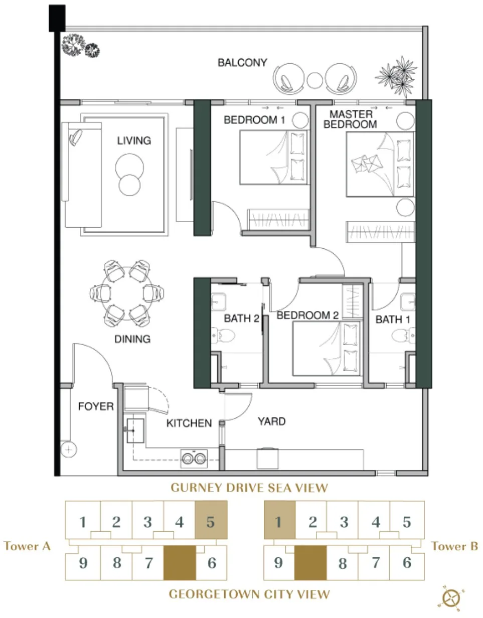 Lumina Residence Type B1 floor plan with the developer's key plan — 1,432 sq ft, three bedrooms and two bathrooms, George Town, Penang