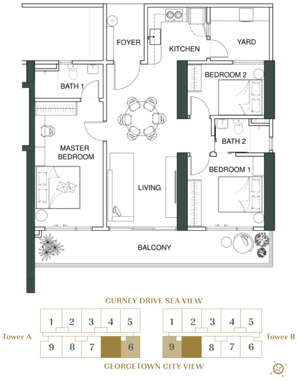 Lumina Residence Type C floor plan with the developer's key plan — 1,216 sq ft, three bedrooms and two bathrooms, George Town, Penang