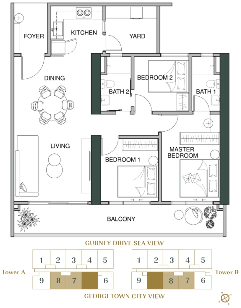 Lumina Residence Type D floor plan with the developer's key plan — 1,206 sq ft, three bedrooms and two bathrooms, George Town, Penang