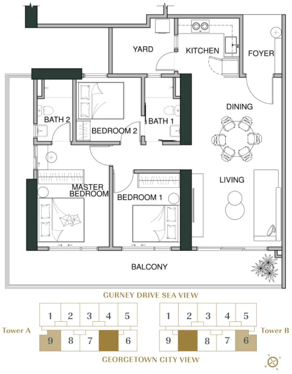 Lumina Residence Type D1 floor plan with the developer's key plan — 1,324 sq ft, three bedrooms and two bathrooms, George Town, Penang