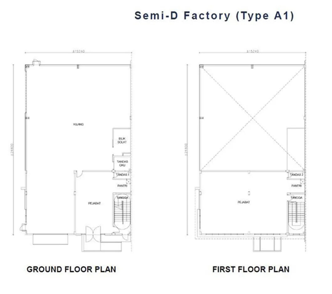 Machang Bubuk Signatures Type A1 semi-detached factory ground-floor and first-floor plan, Machang Bubok, Bukit Mertajam, Penang