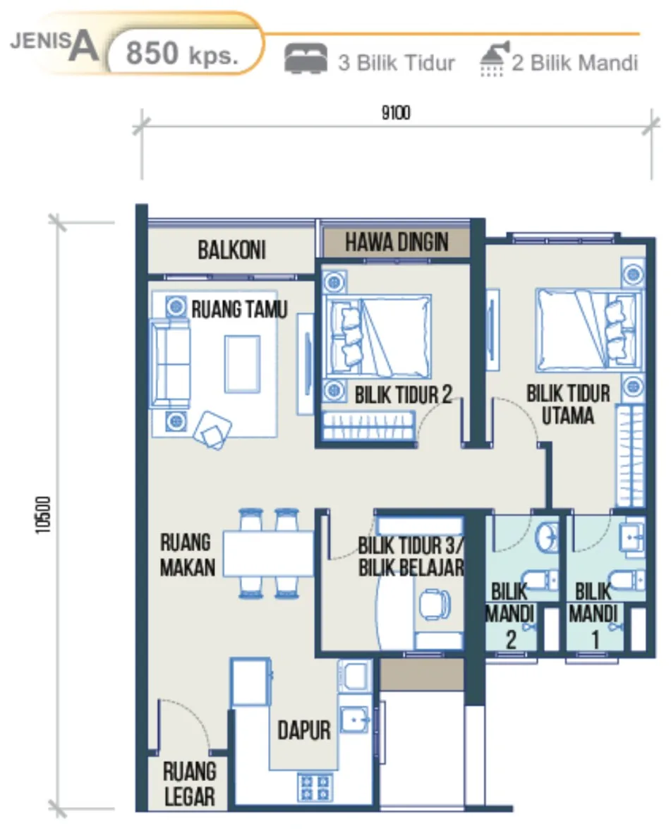 Maldives Residences A 型户型图——850 平方尺,三房两卫,槟城峇六拜