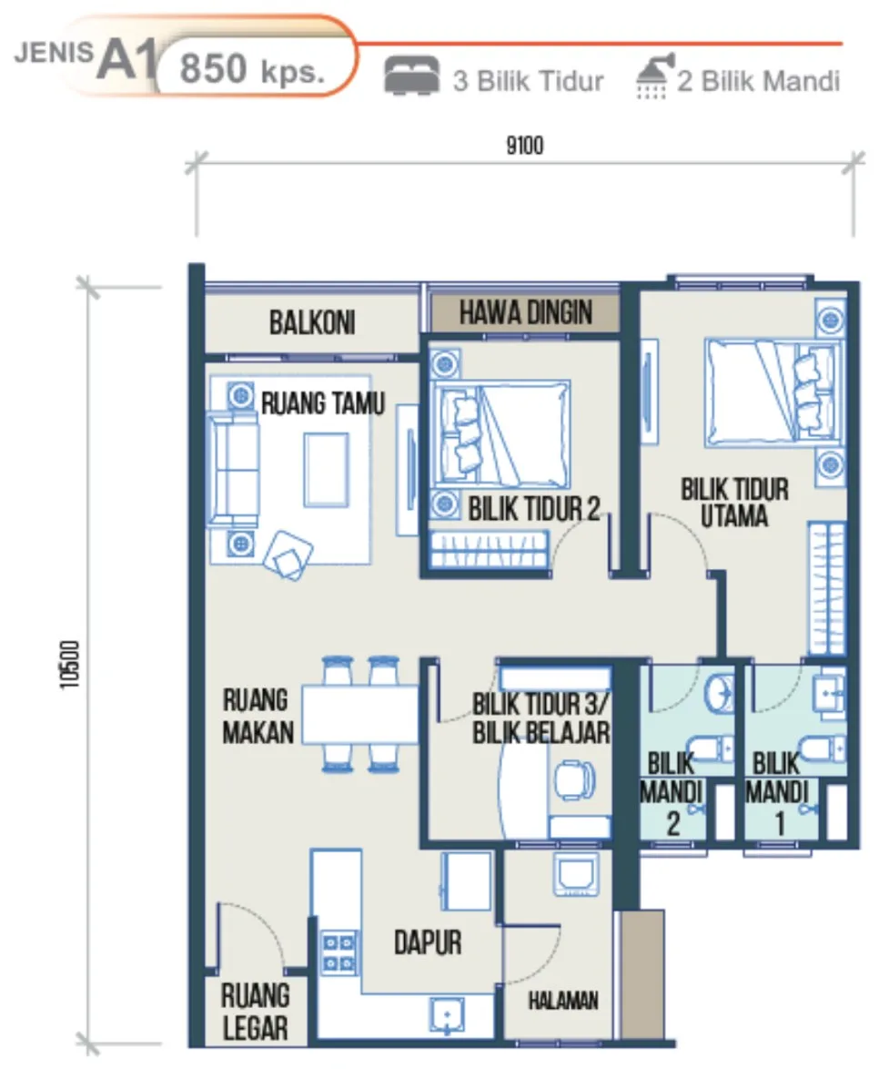 Maldives Residences A1 型户型图——850 平方尺,三房两卫,槟城峇六拜
