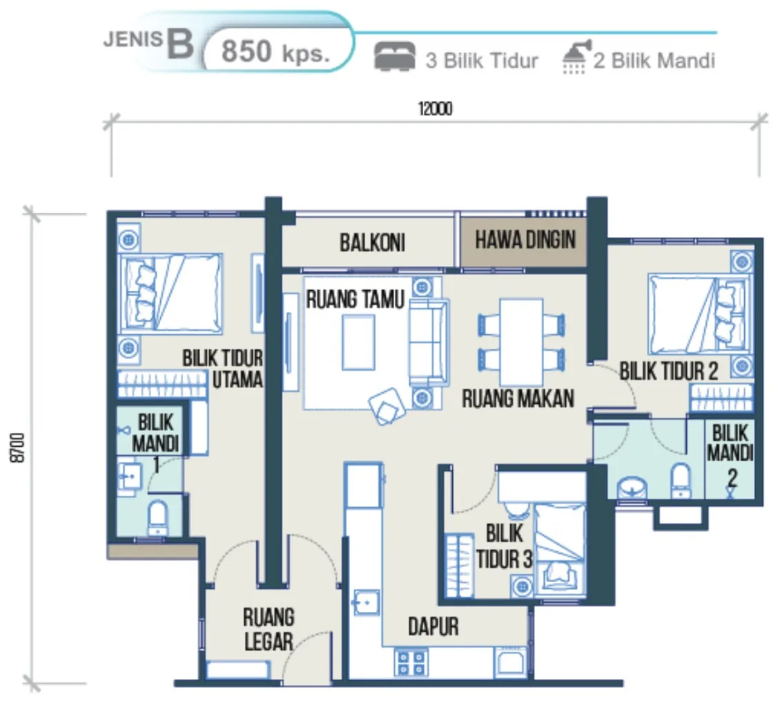 Maldives Residences B 型户型图——850 平方尺,三房两卫,槟城峇六拜