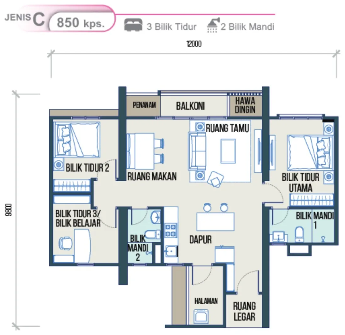 Maldives Residences C 型户型图——850 平方尺,三房两卫,槟城峇六拜