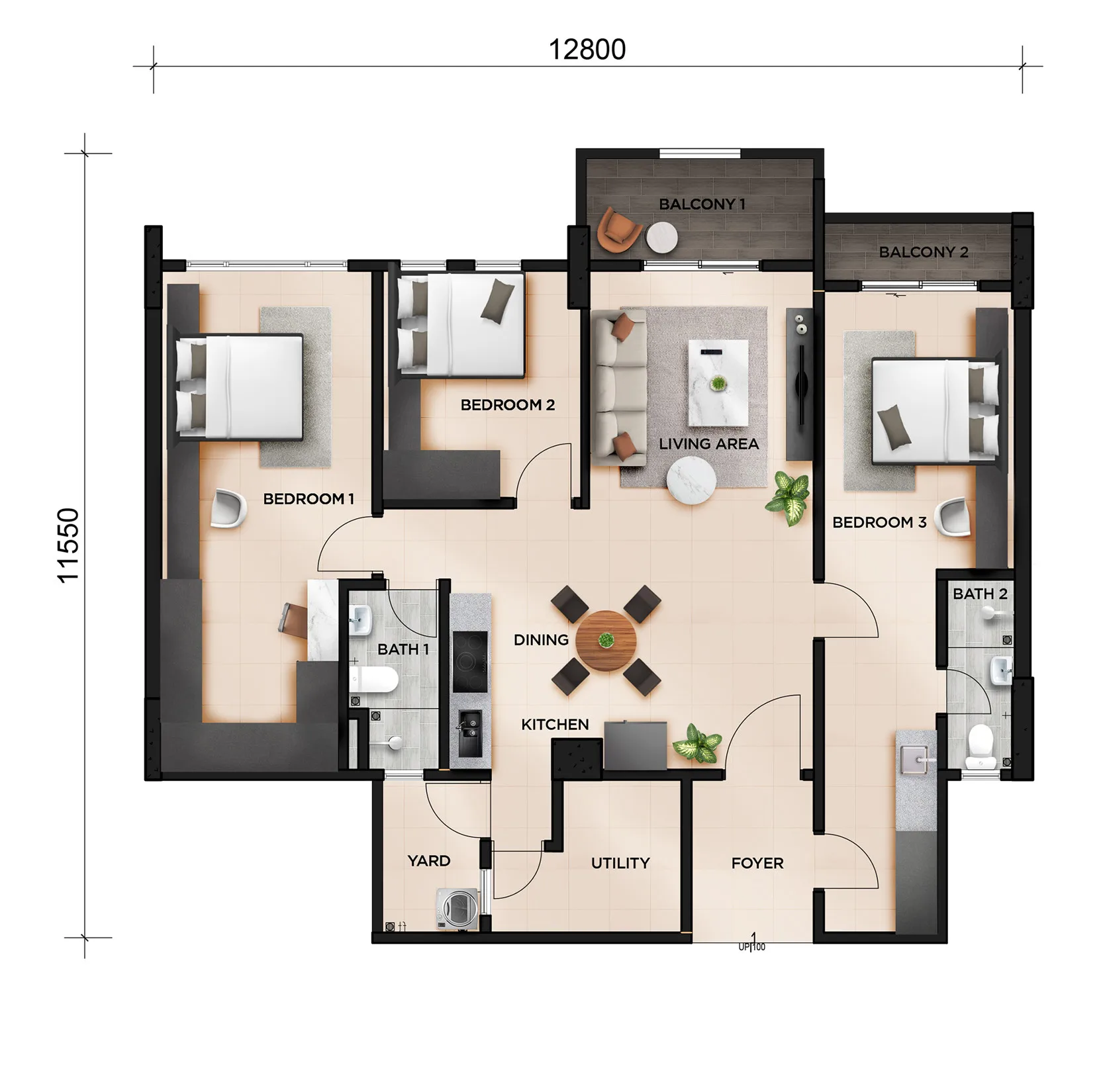 MARC Residences Type A floor plan — 1,330 sq ft, Bukit Mertajam, Penang