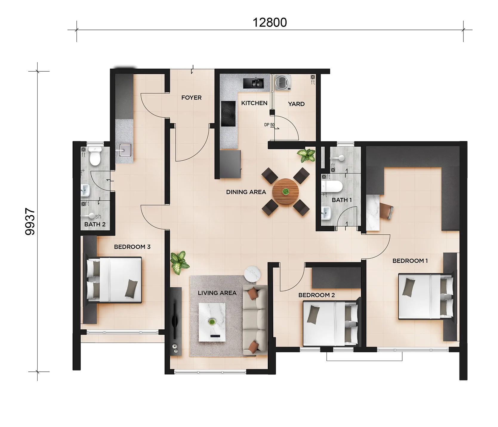 MARC Residences Type B floor plan — 1,120 sq ft, Bukit Mertajam, Penang