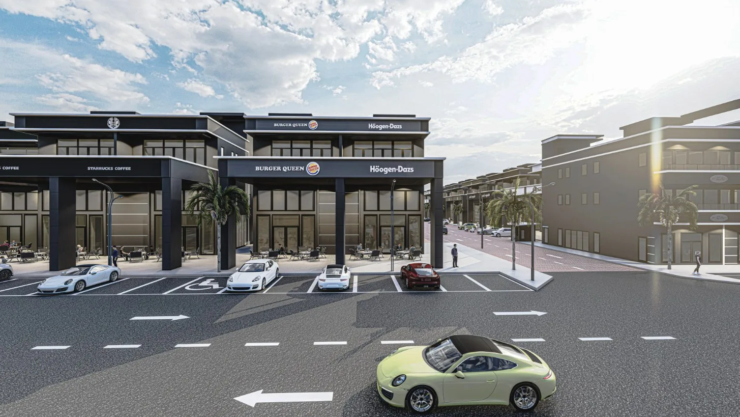 Marina City corner shops at the entrance to the internal street, artist's impression, Permatang Tinggi, Simpang Ampat, Penang