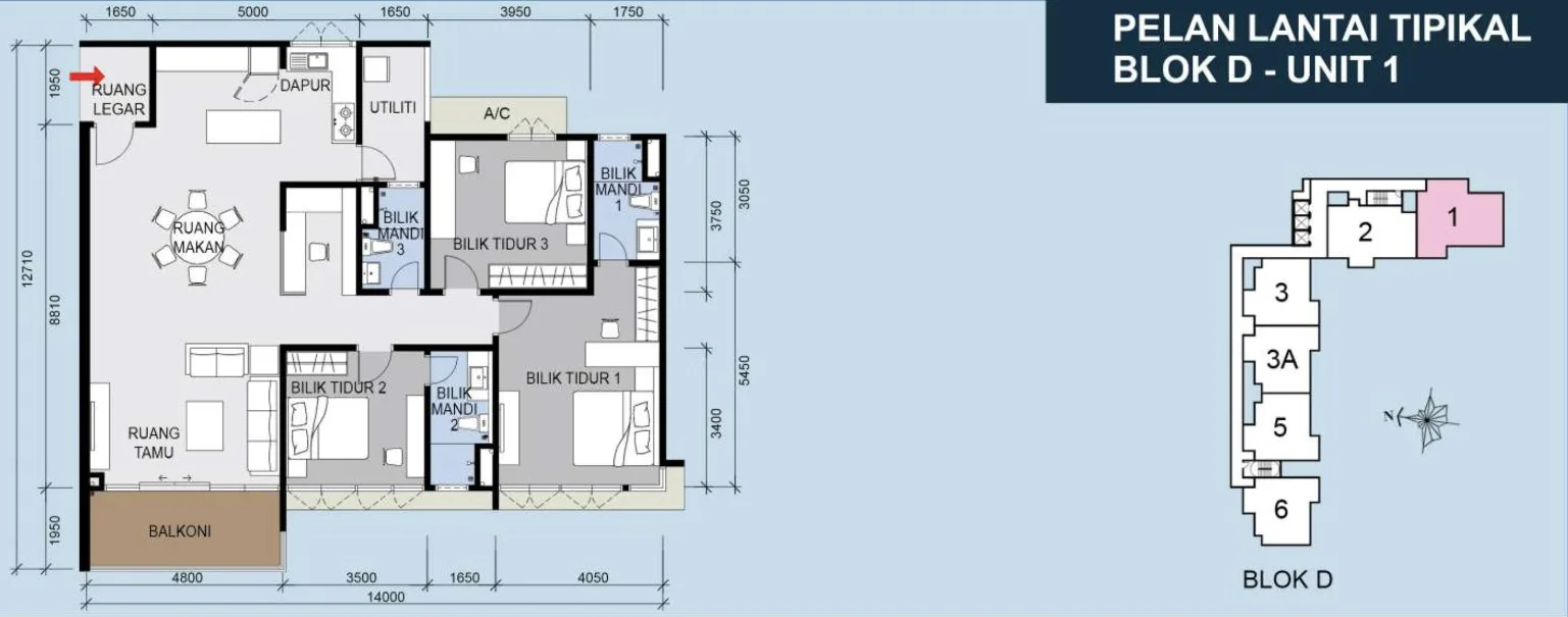 Marina Residences 2 Block D Unit 1 typical floor plan with three bedrooms and three bathrooms, Butterworth, Penang