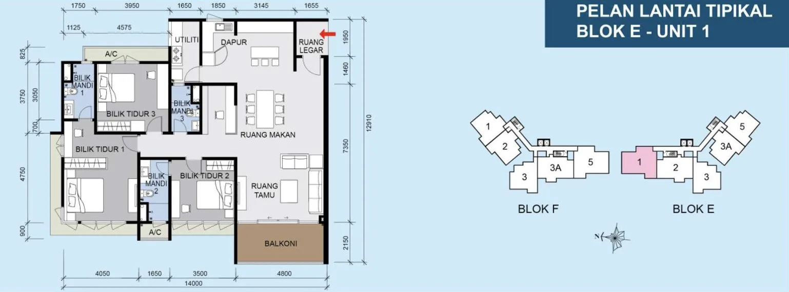 Marina Residences 2 Block E Unit 1 typical floor plan with three bedrooms and three bathrooms, Butterworth, Penang