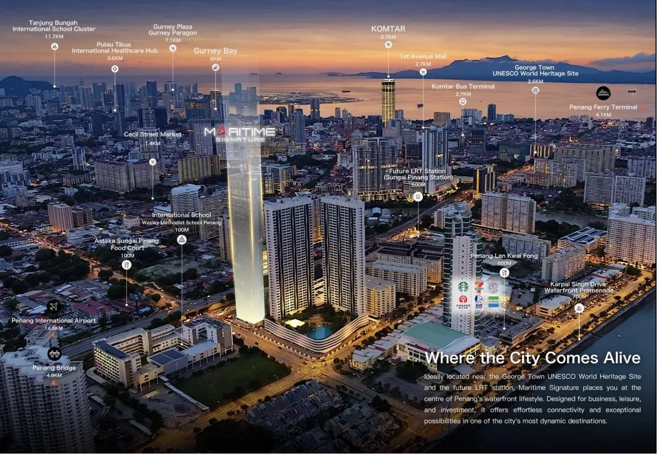 Maritime Signature aerial view with surrounding landmarks marked, artist's impression, Jelutong, Penang