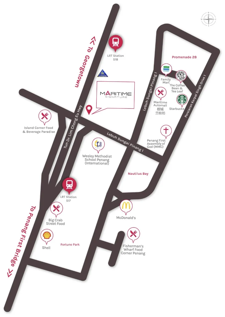 Maritime Signature location map published by the developer, Karpal Singh Drive, Jelutong, Penang