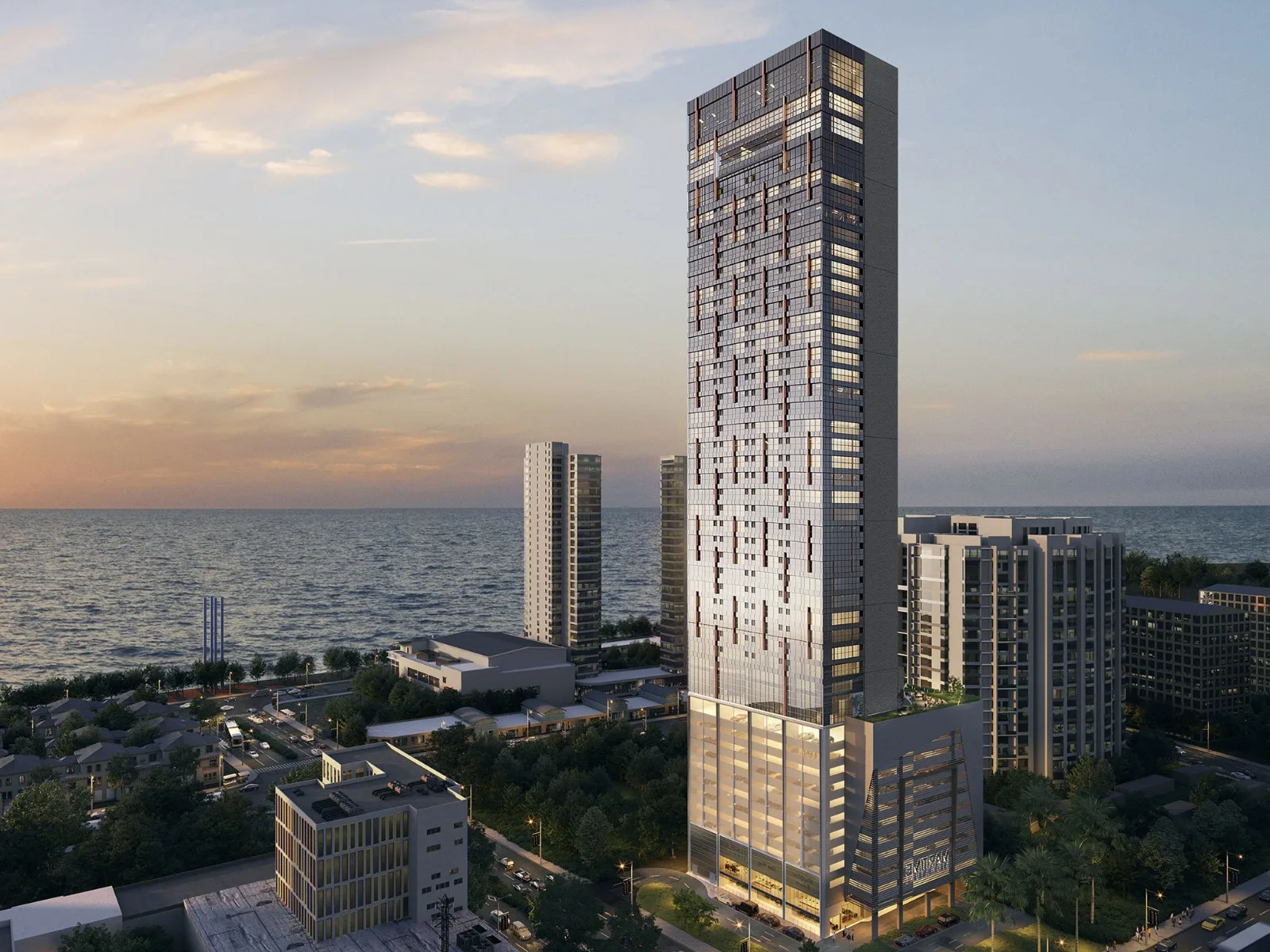 Maritime Signature tower at dusk with the Karpal Singh Drive seafront behind, artist's impression, Jelutong, Penang