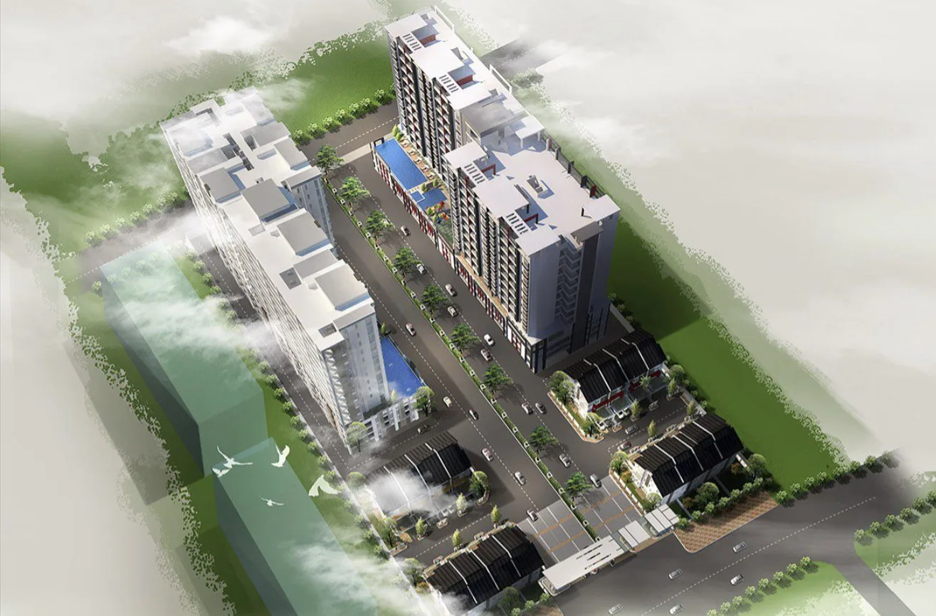 Marminton Homes aerial artist's impression showing the condominium block with its podium pool and the link houses beside the entrance, Raja Uda, Butterworth, Penang