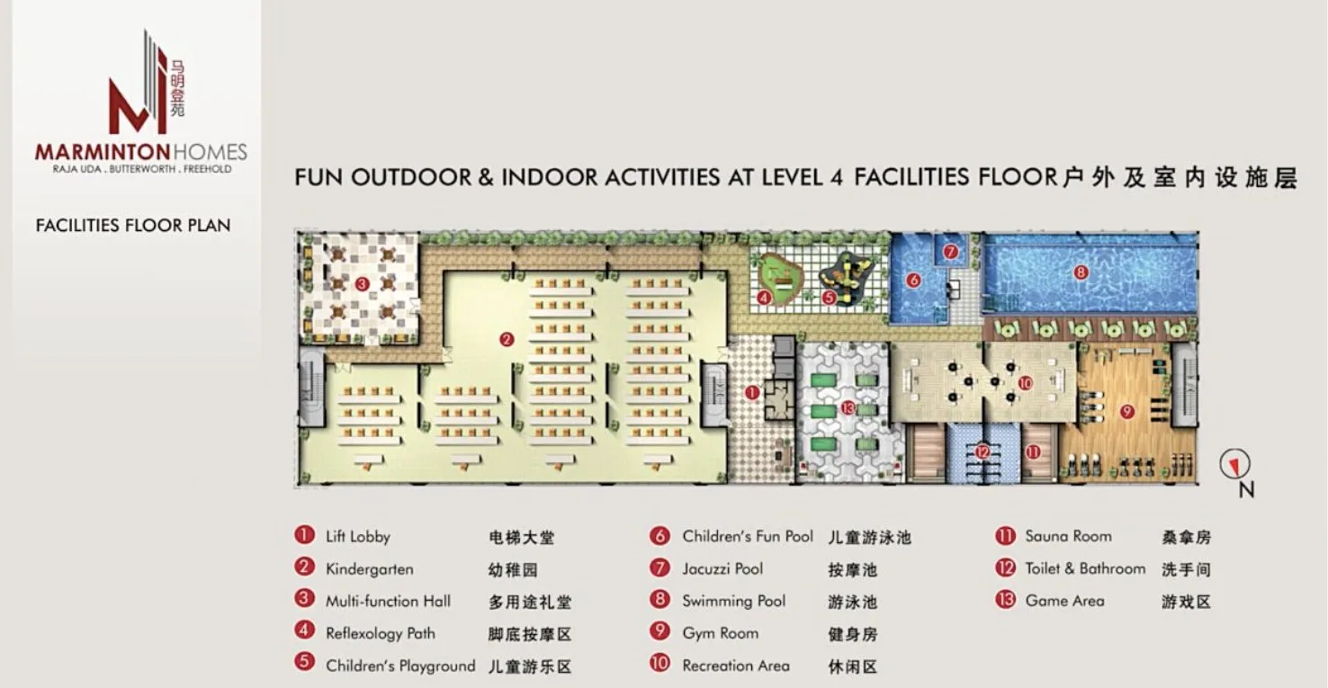 Marminton Homes Level 4 facilities floor plan with swimming pool, gym room, multi-function hall and game area, Raja Uda, Butterworth, Penang