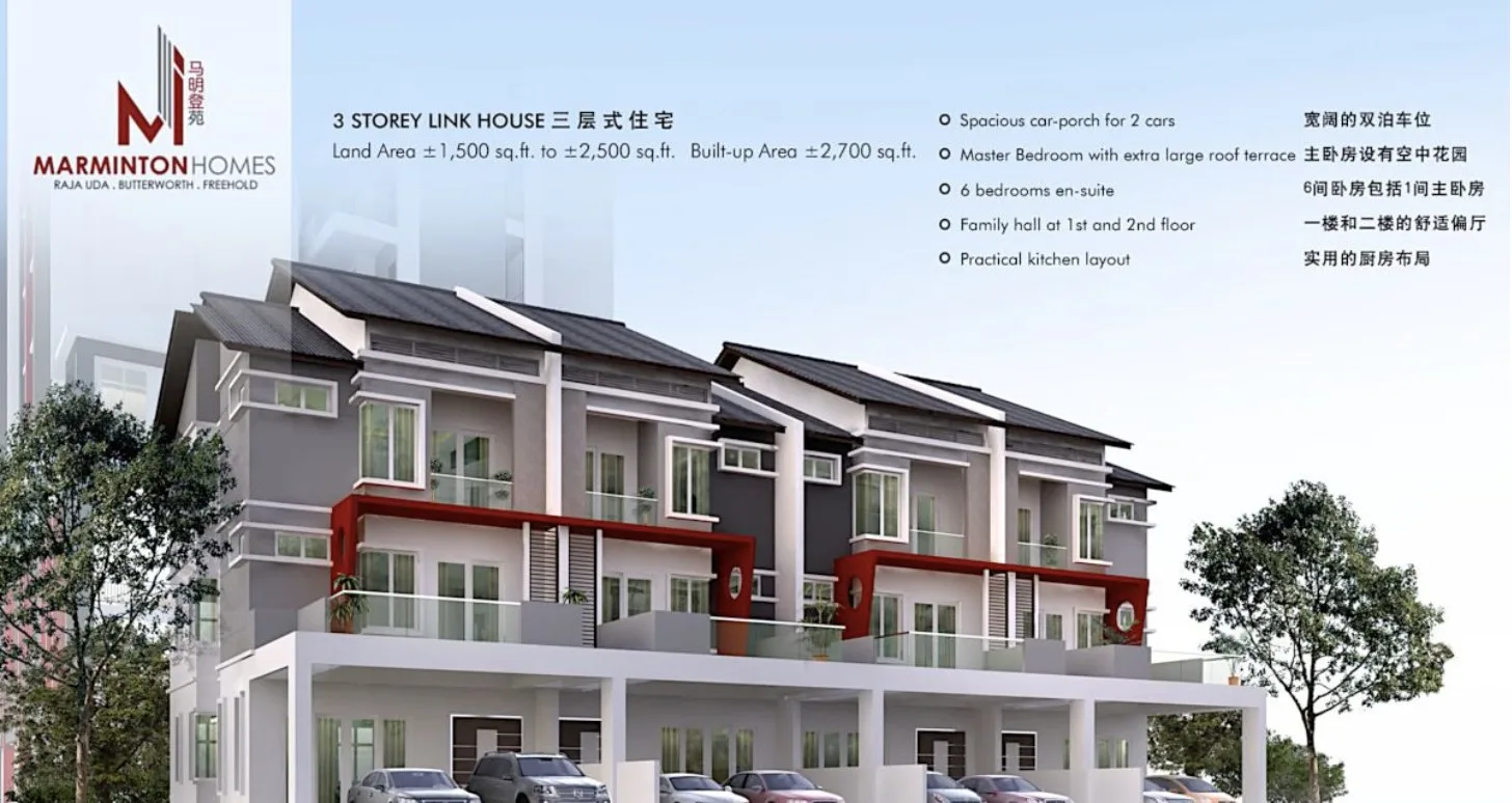 Marminton Homes three-storey link houses, artist's impression with the developer's summary of land and built-up area, Raja Uda, Butterworth, Penang