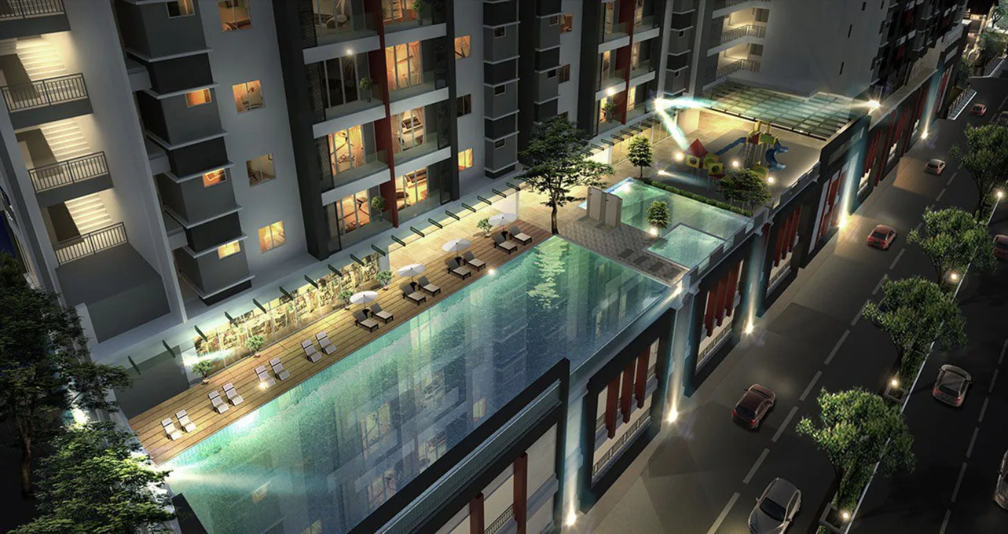 Marminton Homes podium pool deck and playground seen from above at night, artist's impression, Raja Uda, Butterworth, Penang