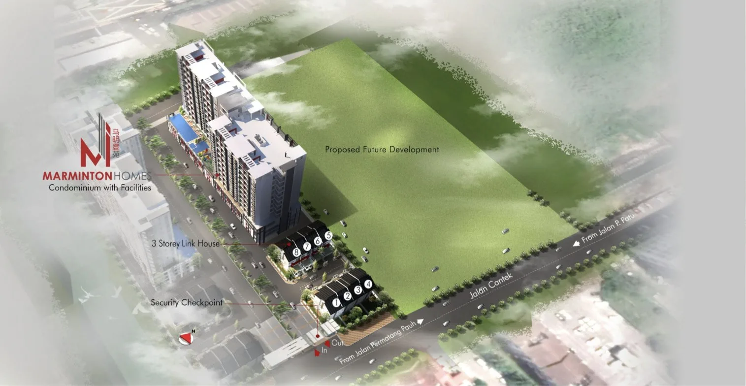Marminton Homes site plan showing the condominium block, link houses numbered 1 to 8, the security checkpoint and Jalan Cantek, Raja Uda, Butterworth, Penang