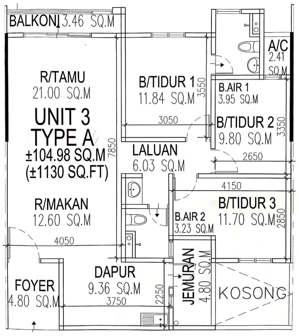 Marminton Homes Type A unit plan, 3 bedrooms and 2 bathrooms, about 1,130 sq ft, Raja Uda, Butterworth, Penang — developer's unit drawing