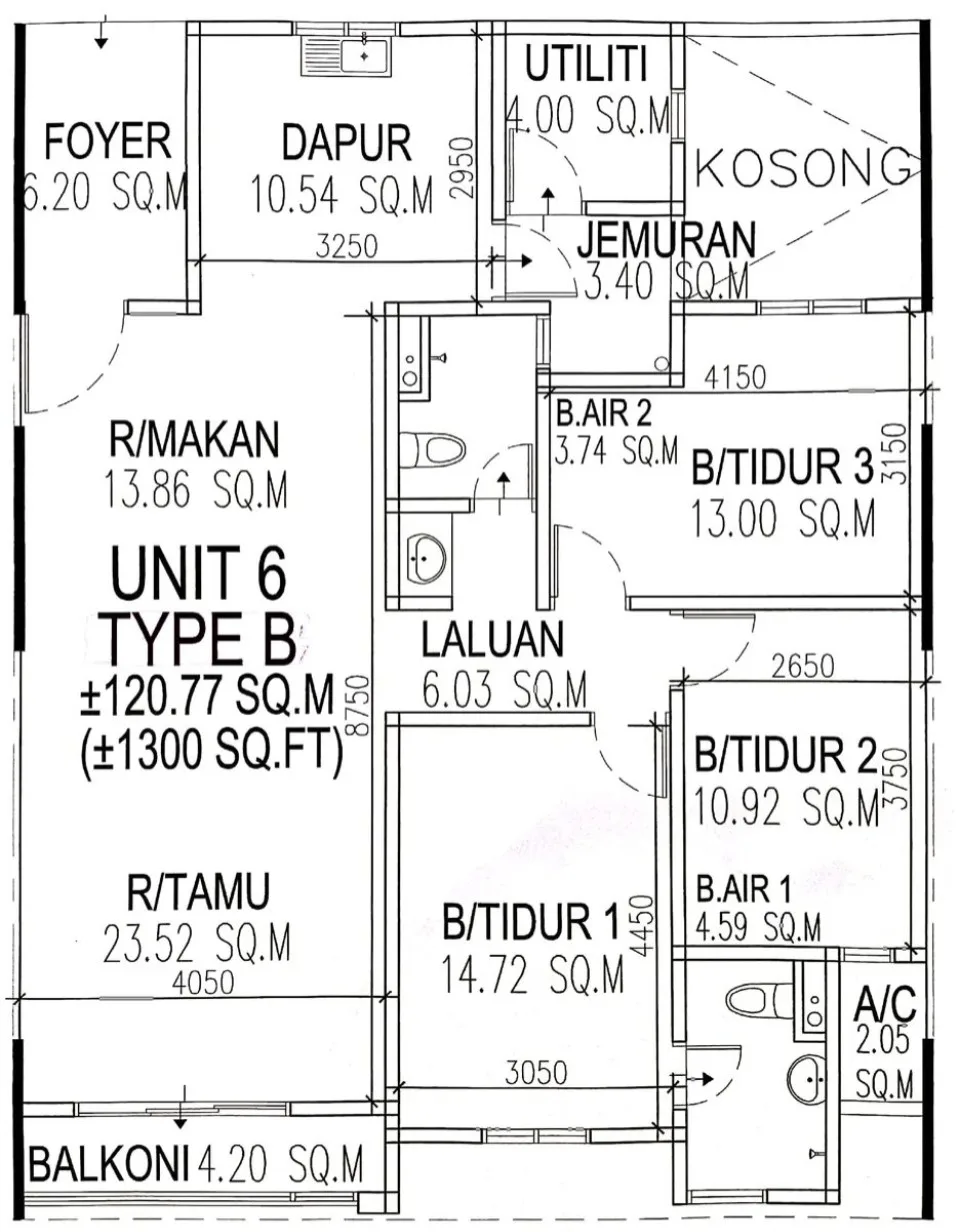 Marminton Homes Type B unit plan, 3 bedrooms and 2 bathrooms with a utility room, about 1,300 sq ft, Raja Uda, Butterworth, Penang — developer's unit drawing