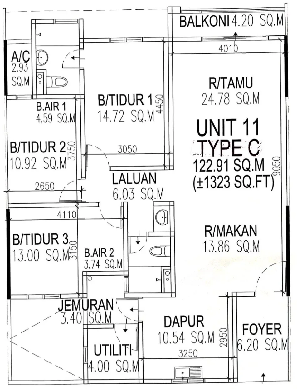 Marminton Homes Type C unit plan, 3 bedrooms and 2 bathrooms with a utility room, about 1,323 sq ft, Raja Uda, Butterworth, Penang — developer's unit drawing