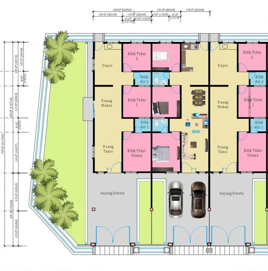 Floor plan of an intermediate 20 x 70 ft single-storey terrace house at Medan Bemban Mesra by Muda Awam Sdn Bhd, Batu Gajah, Perak, showing three bedrooms and two bathrooms