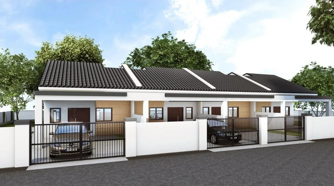 Artist's impression of a row of single-storey terrace houses at Medan Bemban Mesra by Muda Awam Sdn Bhd, Batu Gajah, Perak