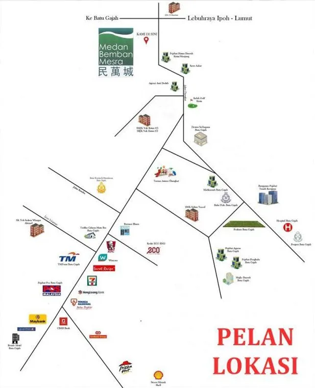 Developer's location sketch for Medan Bemban Mesra, Batu Gajah, Perak, showing the Ipoh-Lumut Highway, Batu Gajah town, Hospital Batu Gajah, Kinta Golf Club, schools and the district council