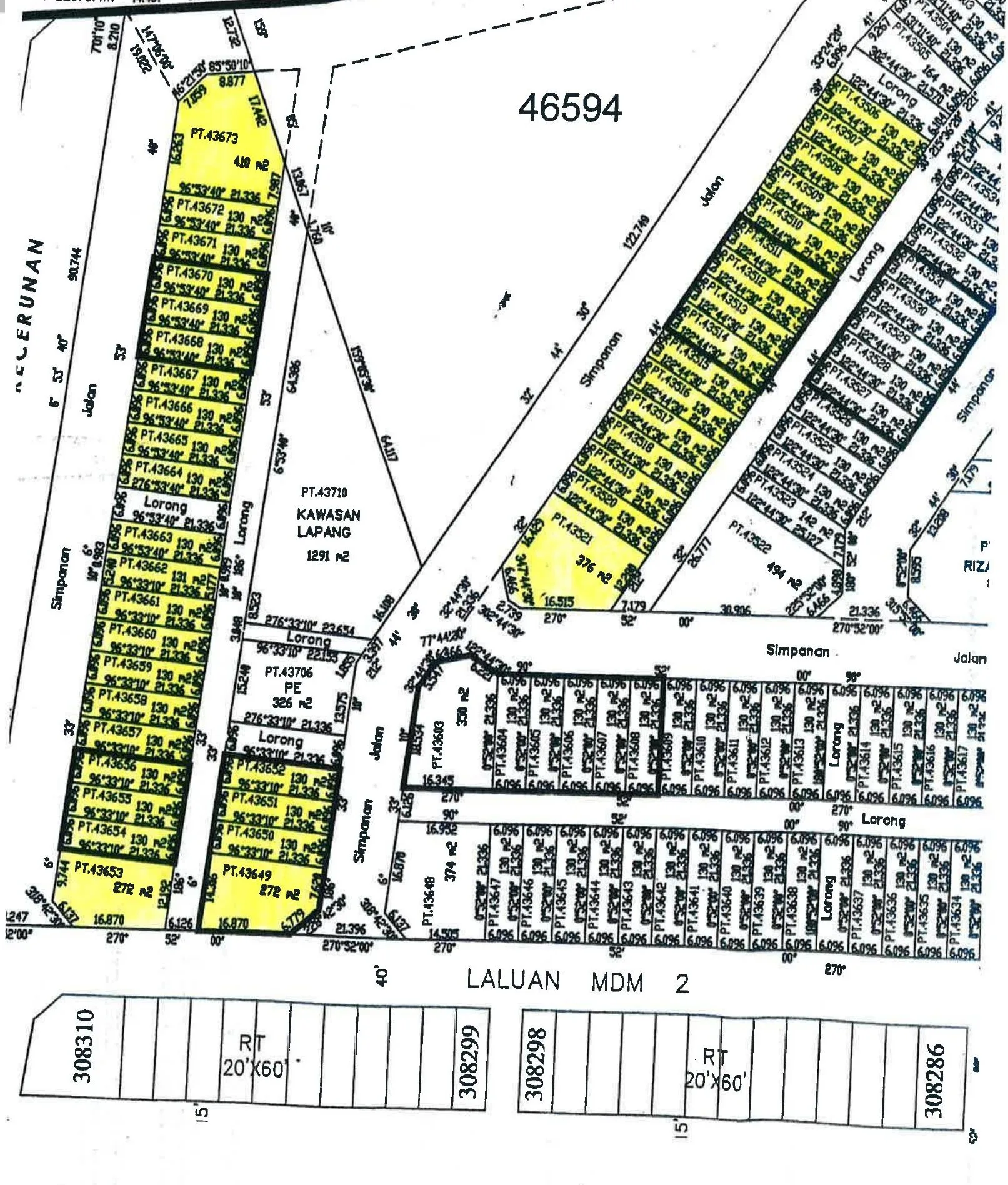 Lot plan of Phase 1 of Medan Bemban Mesra, Batu Gajah, Perak, with the Phase 1A, 1B and 1C lots shaded yellow and PT lot numbers