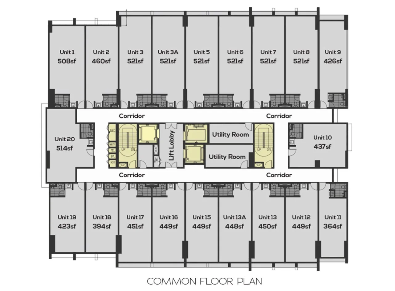 Menara VOS common floor plan — 20 suites to a floor, 364 to 521 sq ft, Gelugor, Penang