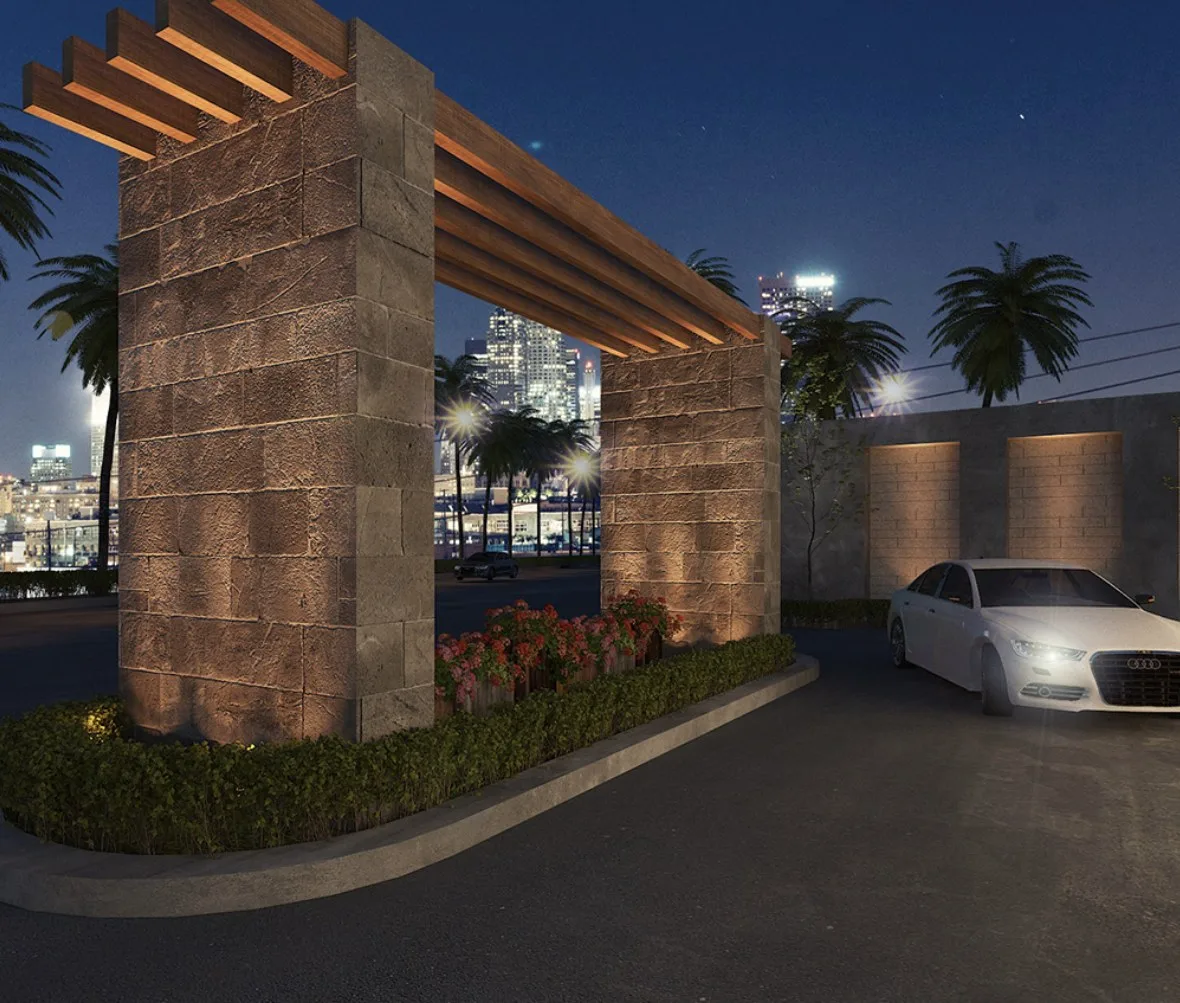 Menara VOS entrance gateway at night, artist's impression, Gelugor, Penang