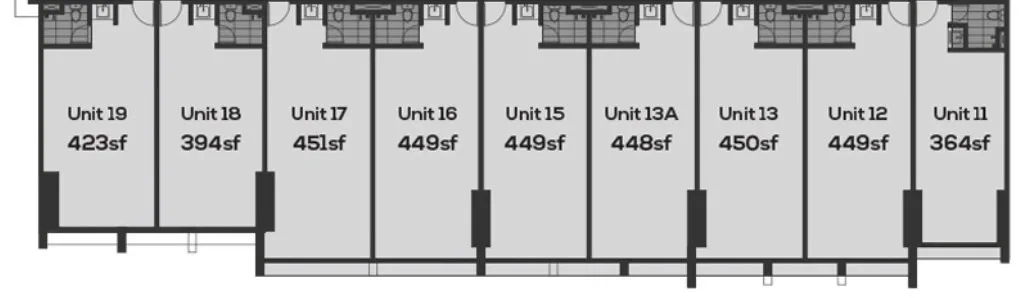 Menara VOS common floor plan, lower row — Units 11 to 19, including the 364 sq ft Unit 11, Gelugor, Penang