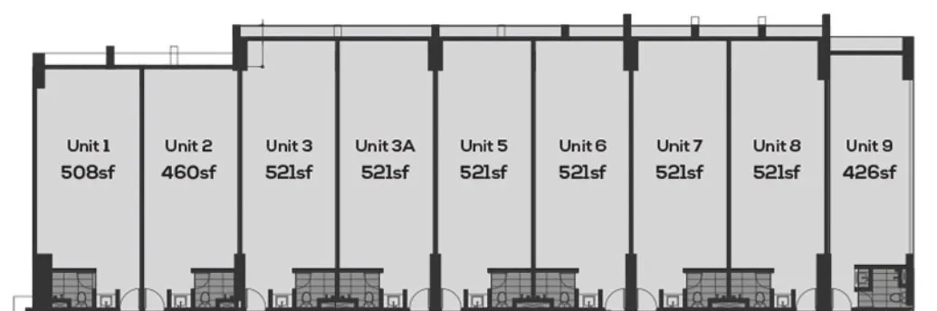 Menara VOS common floor plan, upper row — Units 1 to 9, including the six 521 sq ft suites, Gelugor, Penang