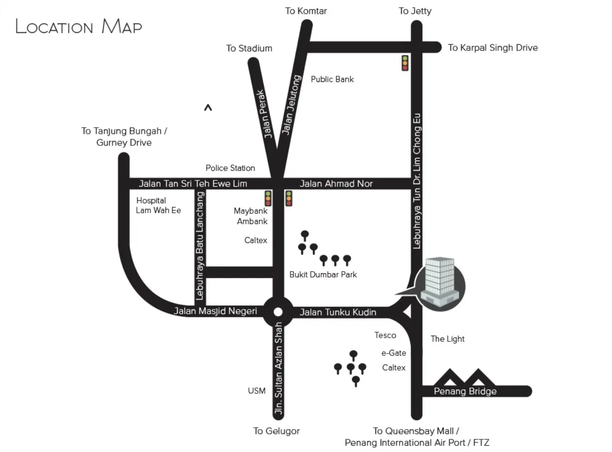 Menara VOS location map showing Jalan Tunku Kudin, Lebuhraya Tun Dr. Lim Chong Eu, Bukit Dumbar Park and the Penang Bridge, Gelugor, Penang
