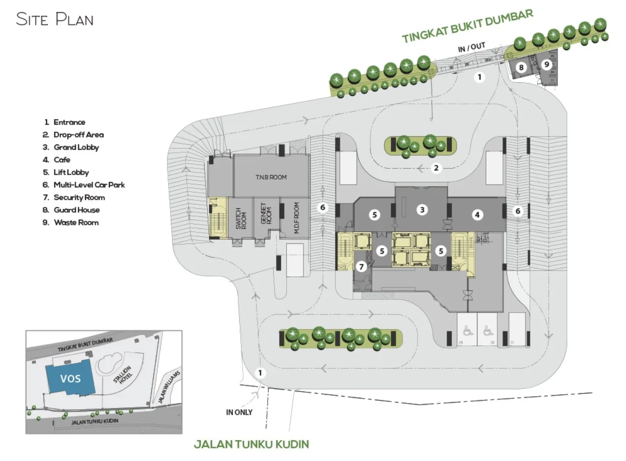 Menara VOS site plan showing the entrances, drop-off area, grand lobby and multi-level car park, Gelugor, Penang