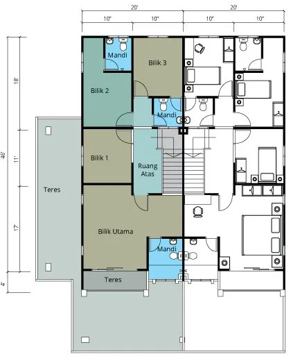 First floor plan of a 20 x 70 ft double-storey terrace house at Metro Gardens (Taman Metro Maya), Batu Gajah, Perak, with master bedroom, three bedrooms and three bathrooms