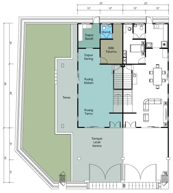 Ground floor plan of a 20 x 70 ft double-storey terrace house at Metro Gardens (Taman Metro Maya), Batu Gajah, Perak, with living, dining, dry and wet kitchens, guest room and bathroom