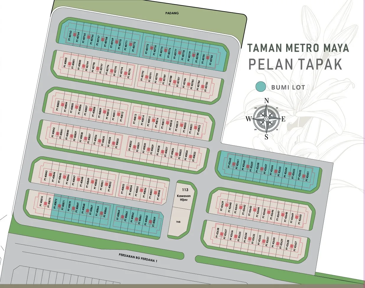 Developer's site plan of Taman Metro Maya, Batu Gajah, Perak, showing the double-storey terrace rows with PT lot numbers, Bumiputera lots shaded, the green area, TNB substation and Persiaran BG Perdana 1