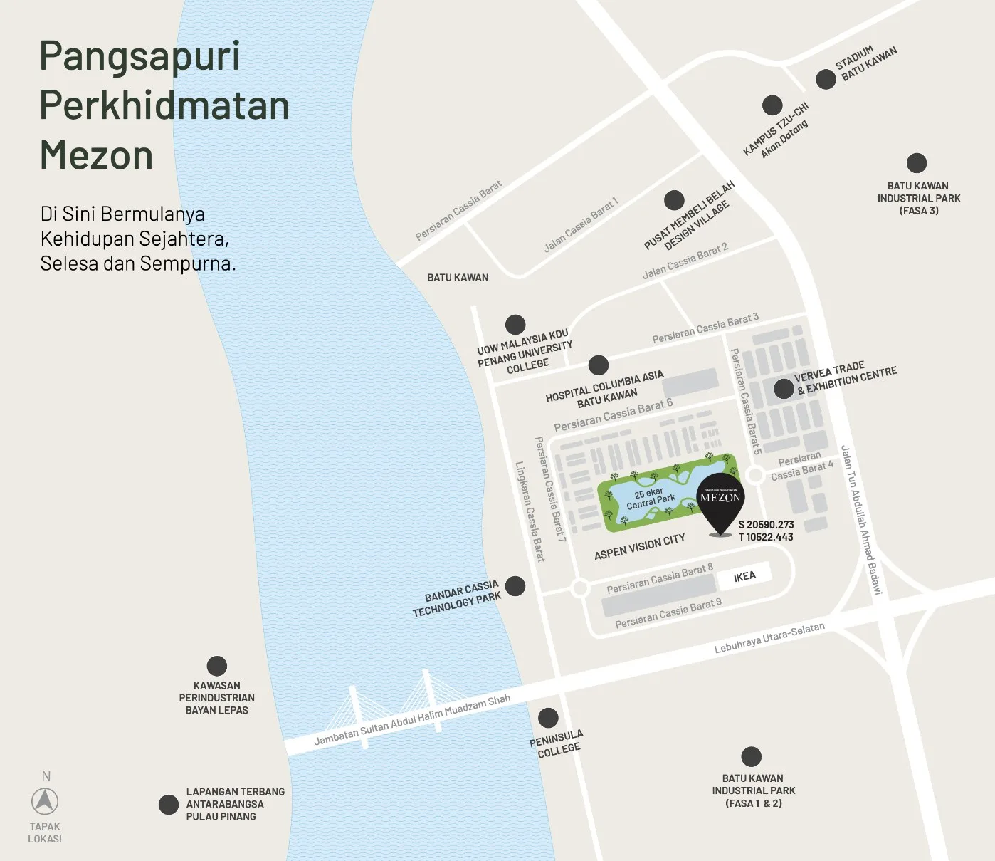 Mezon @ Park Enclave 位置图，标示 Aspen Vision City、25 英亩中央公园与 IKEA，槟城峇都加湾