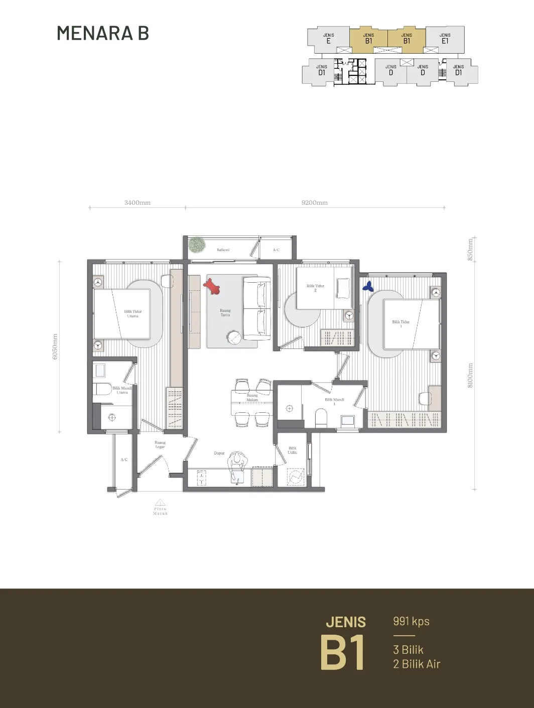 Mezon @ Park Enclave B 座 B1 型 户型图，取自发展商向政府登记提交的广告，槟城峇都加湾