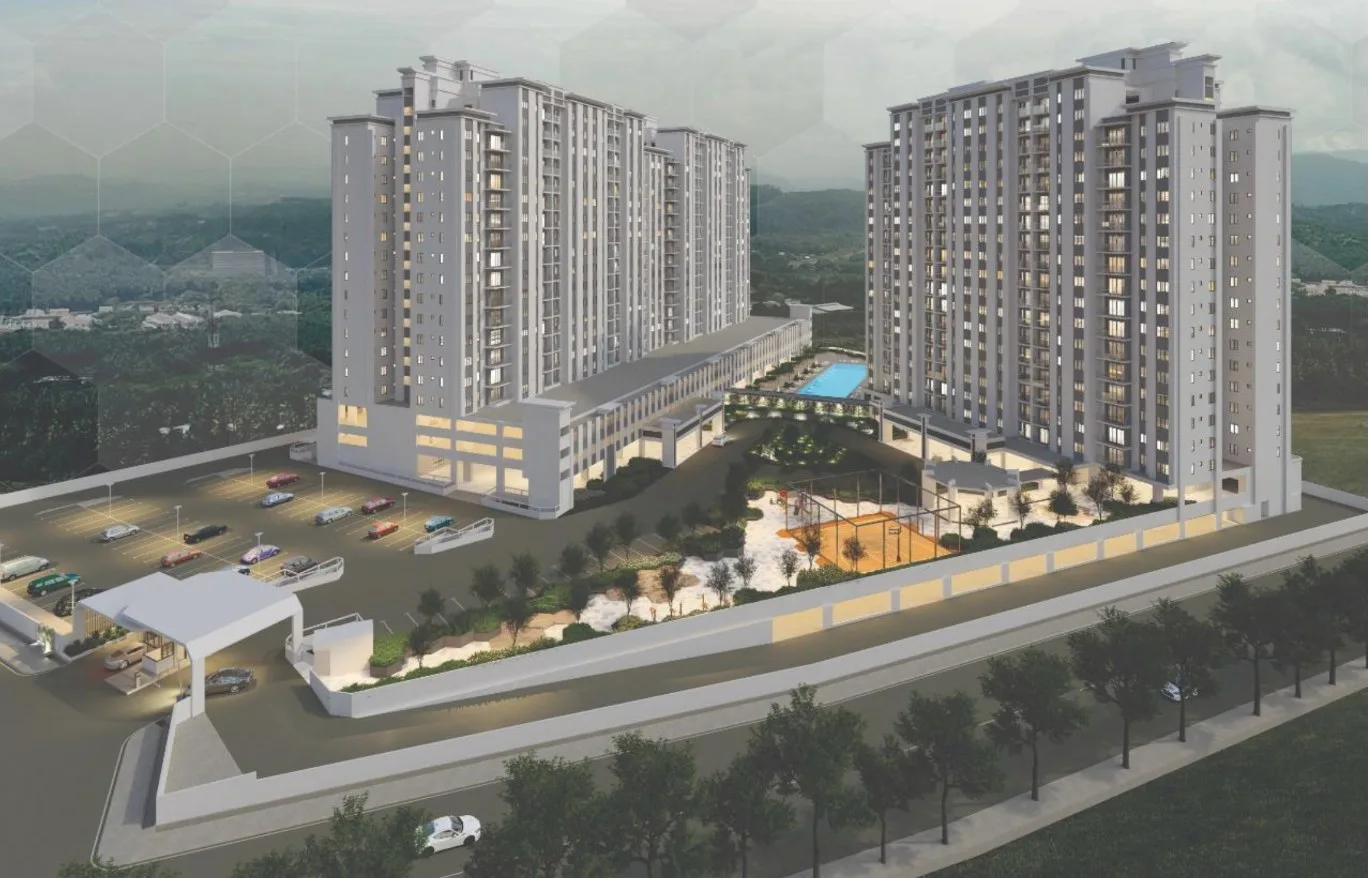 Montview Residences artist's impression, aerial view of the towers, pool and landscaped deck, Bukit Mertajam, Penang