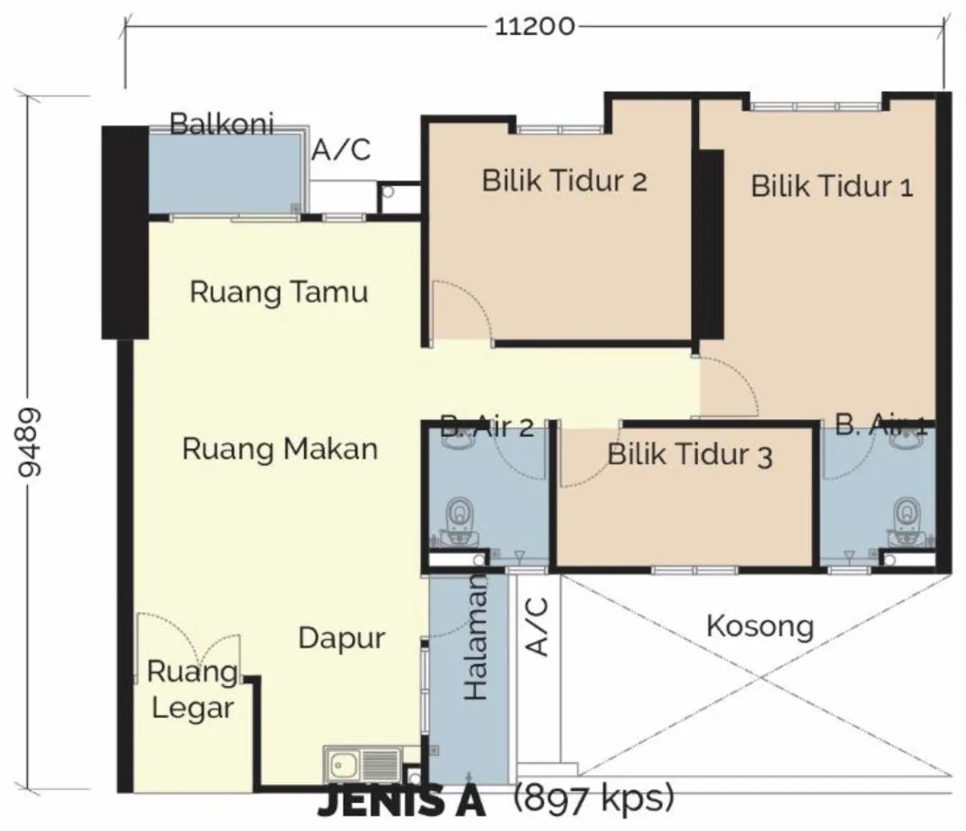 Montview Residences Type A floor plan — 897 sq ft, three bedrooms and two bathrooms, Bukit Mertajam, Penang