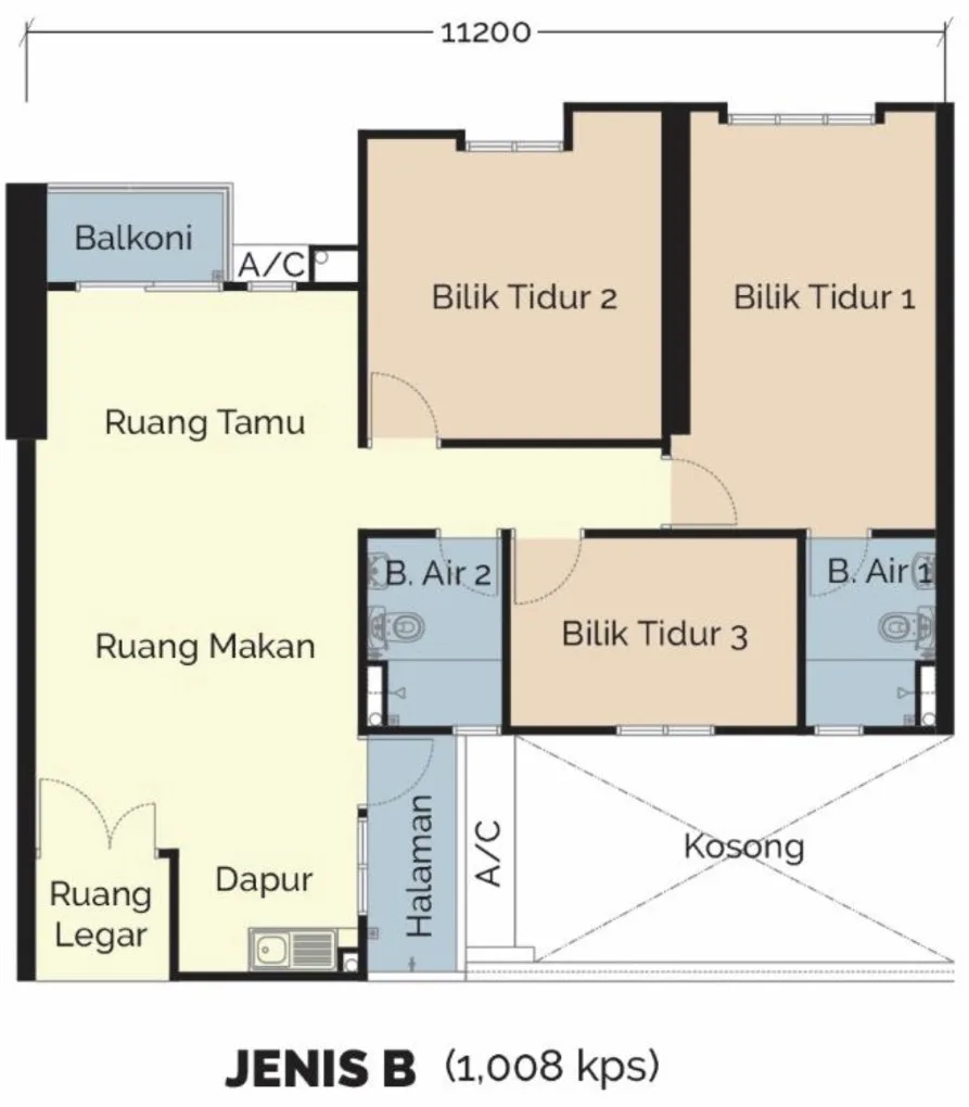 Montview Residences Type B floor plan — 1,008 sq ft, three bedrooms and two bathrooms, Bukit Mertajam, Penang