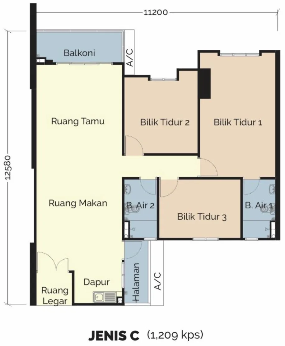 Montview Residences Type C floor plan — 1,209 sq ft, three bedrooms and two bathrooms, Bukit Mertajam, Penang