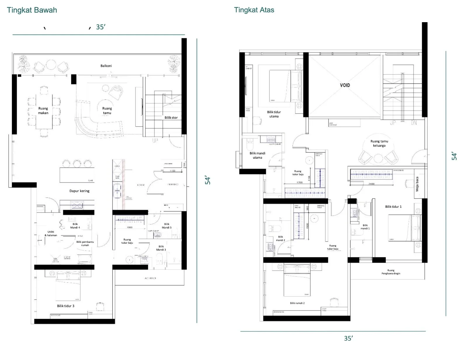 Muze @ PICC Duplex I floor plan, lower and upper levels — 2,883 sq ft, four bedrooms plus a maid's room, six bathrooms, Bayan Lepas, Penang