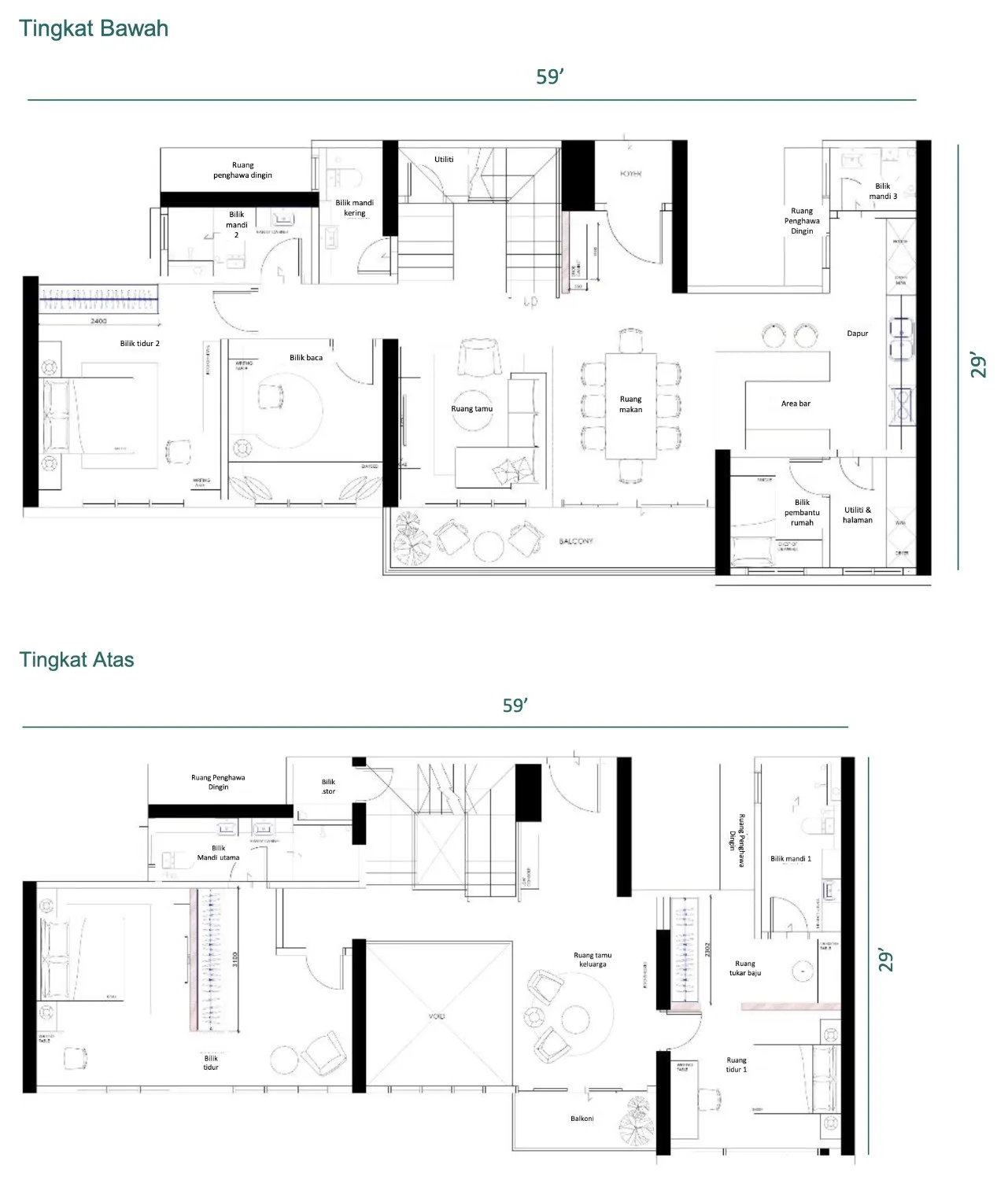 Muze @ PICC Duplex J floor plan, lower and upper levels — 2,553 sq ft, three bedrooms plus a study and a maid's room, five bathrooms, Bayan Lepas, Penang