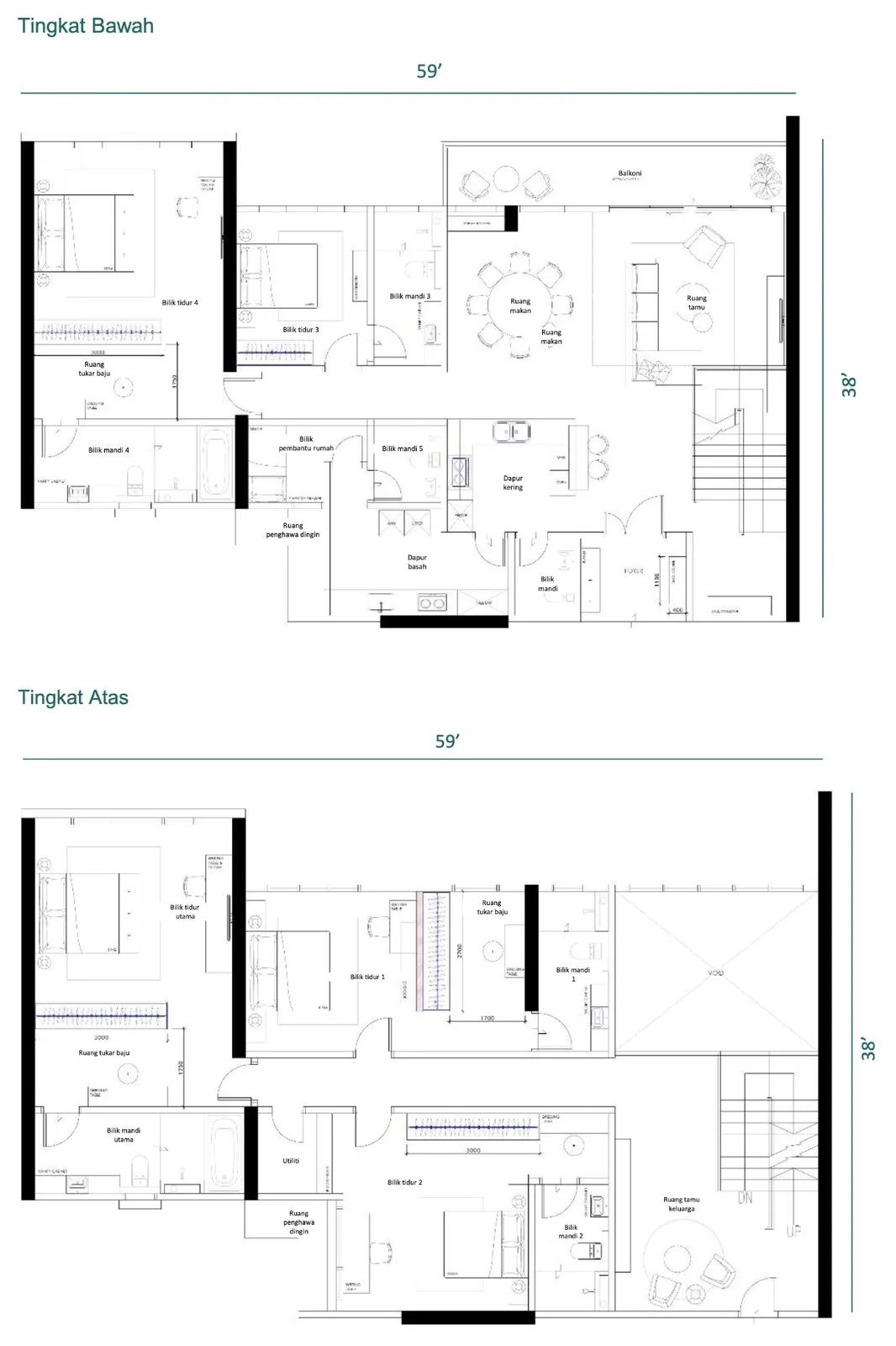 Muze @ PICC Duplex K floor plan, lower and upper levels — 3,472 sq ft, five bedrooms plus a maid's room, seven bathrooms, Bayan Lepas, Penang