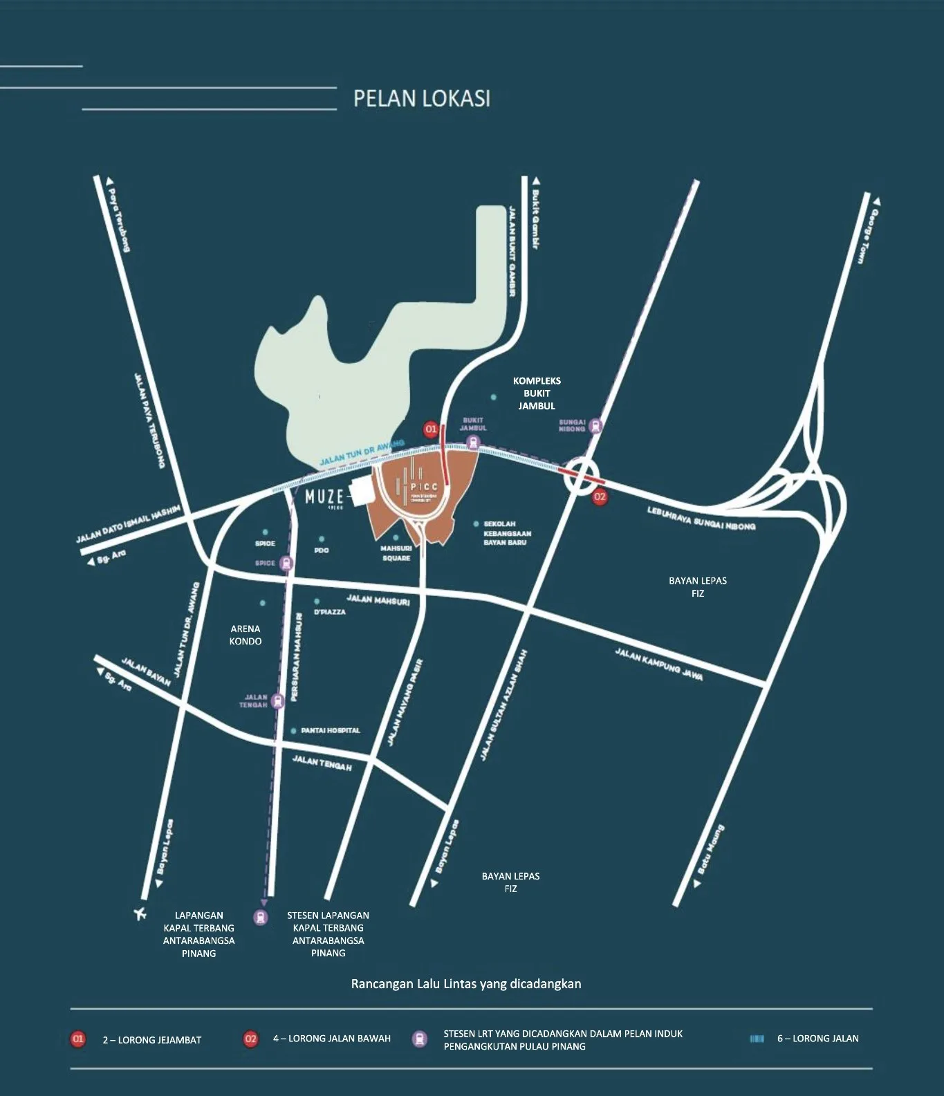 Muze @ PICC location map showing the roads around PICC, SPICE and the airport, Bayan Lepas, Penang
