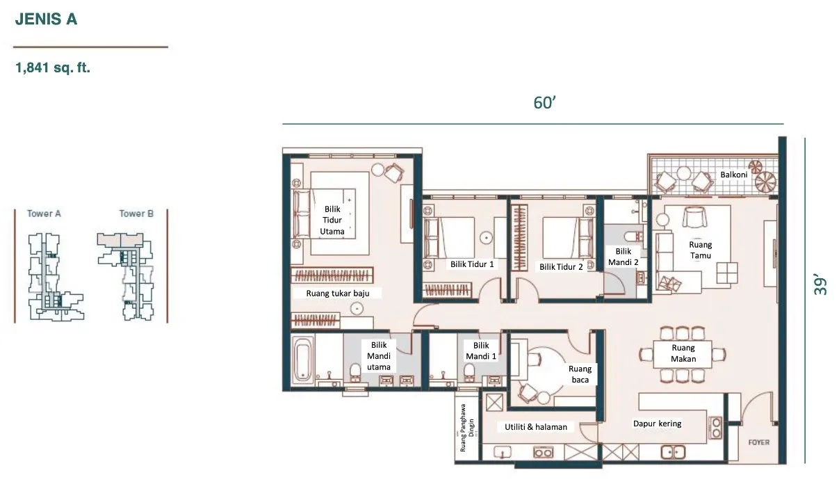 Muze @ PICC Type A floor plan — 1,840 sq ft, three bedrooms plus a study, three bathrooms, Bayan Lepas, Penang